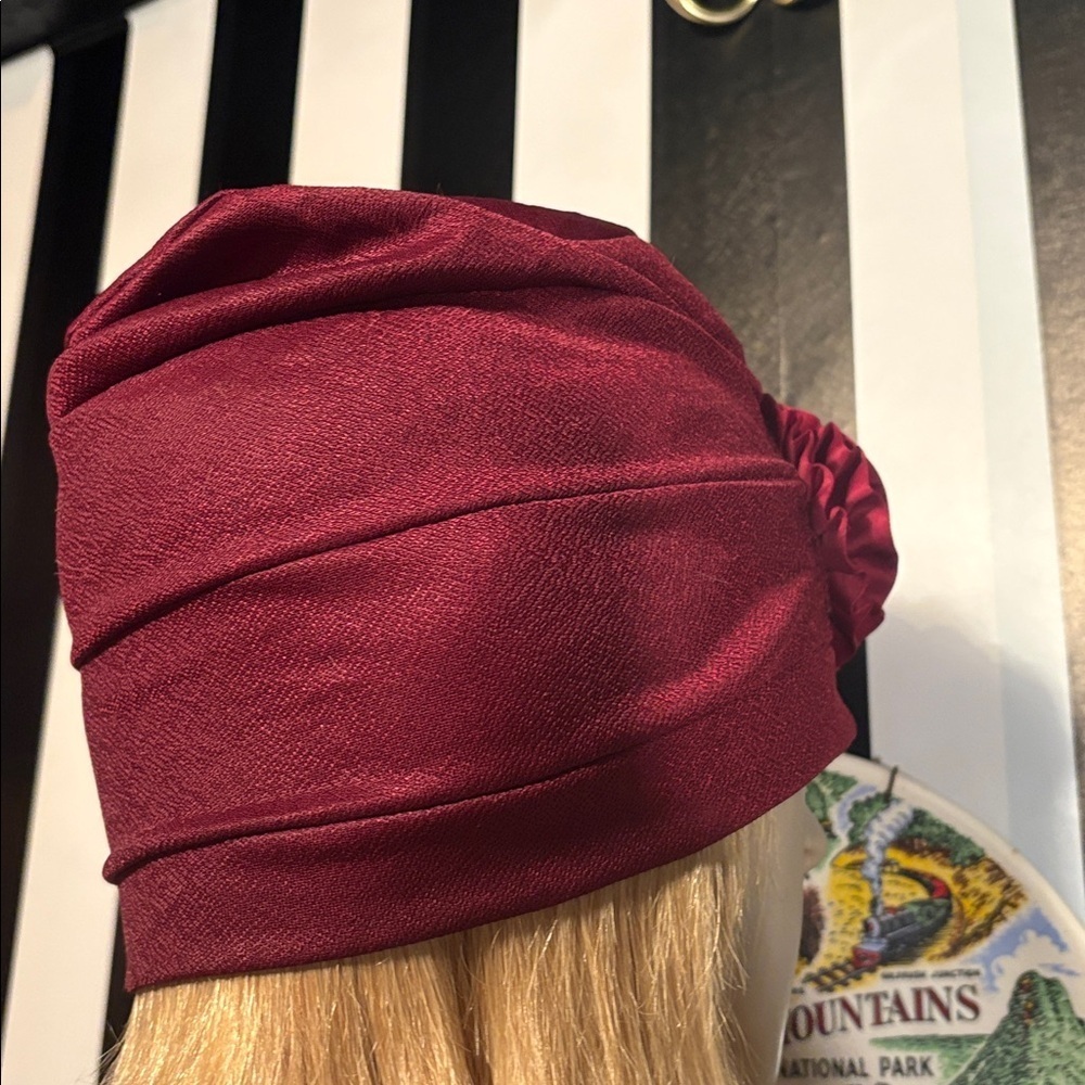 Vintage 1970s Burgundy Turban with Floral Accent - Picture 6 of 15